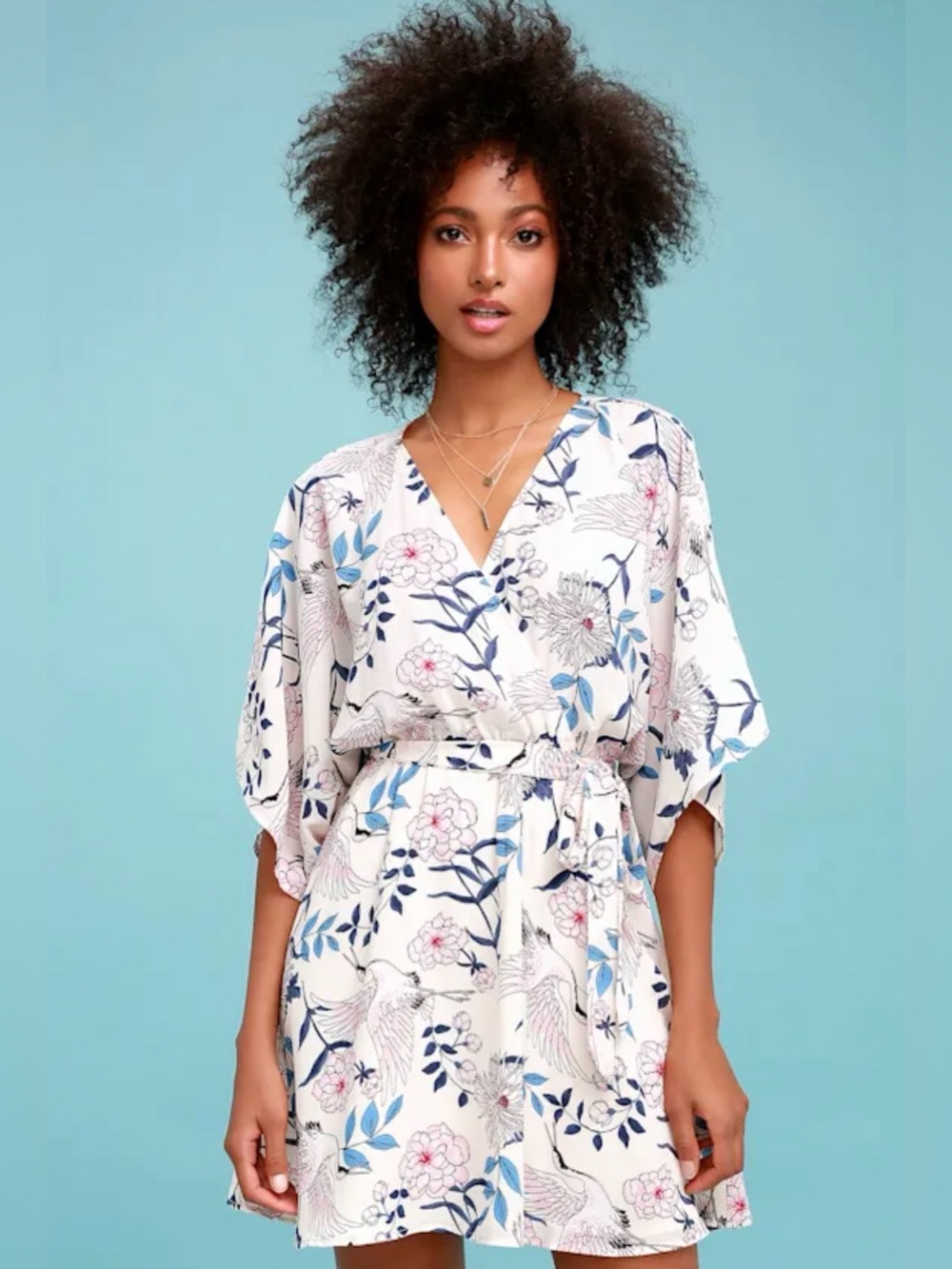 Lulus Flower & Glory Floral Crane Wrap Dress Kimono Sleeve Tie Waist Ivory Med